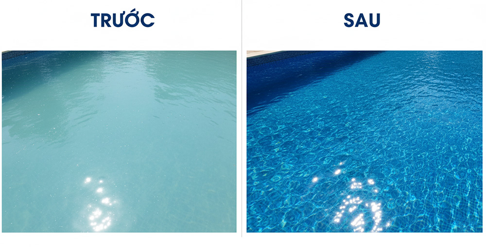 So sánh Trước và Sau - Bên trái là hồ bơi mới bơm nước còn hơi đục, bên phải là cùng hồ bơi đó với làn nước trong xanh lấp lánh