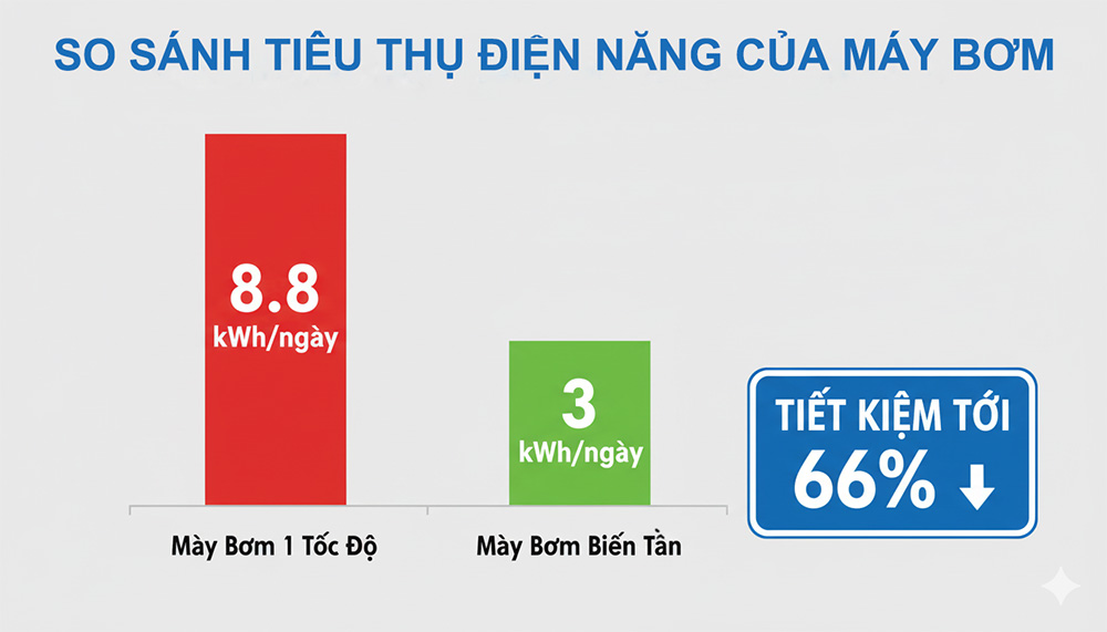 Biểu đồ cột so sánh mức tiêu thụ năng lượng giữa hai loại máy bơm