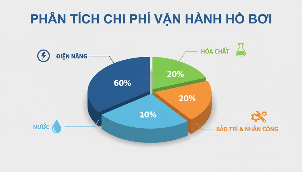 biểu đồ tròn 3D phân tích chi phí vận hành hồ bơi