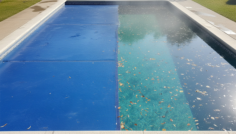 Một nửa hồ bơi được che bạt, nửa còn lại thì không