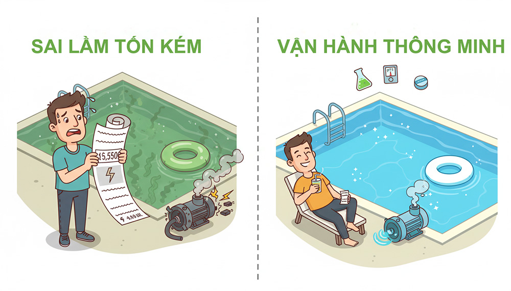 o sánh hình ảnh 'Trước & Sau' về các sai lầm vận hành hồ bơi