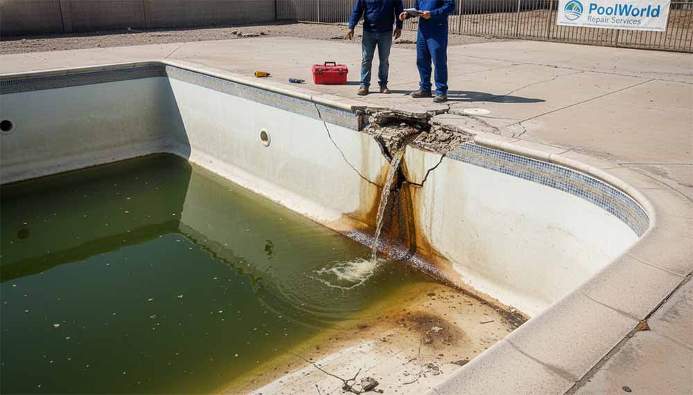 Vết nứt và thấm nước tại một công trình hồ bơi giá rẻ mà đội ngũ PoolWorld được gọi đến để sửa chữa