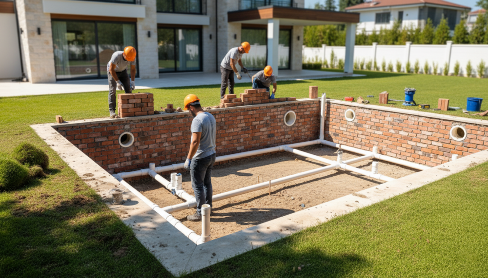 Xây thành hồ bơi và lắp đặt đường ống kỹ thuật