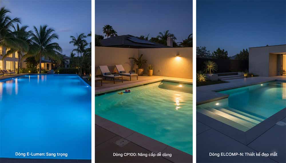 Ba hồ bơi khác nhau vào ban đêm