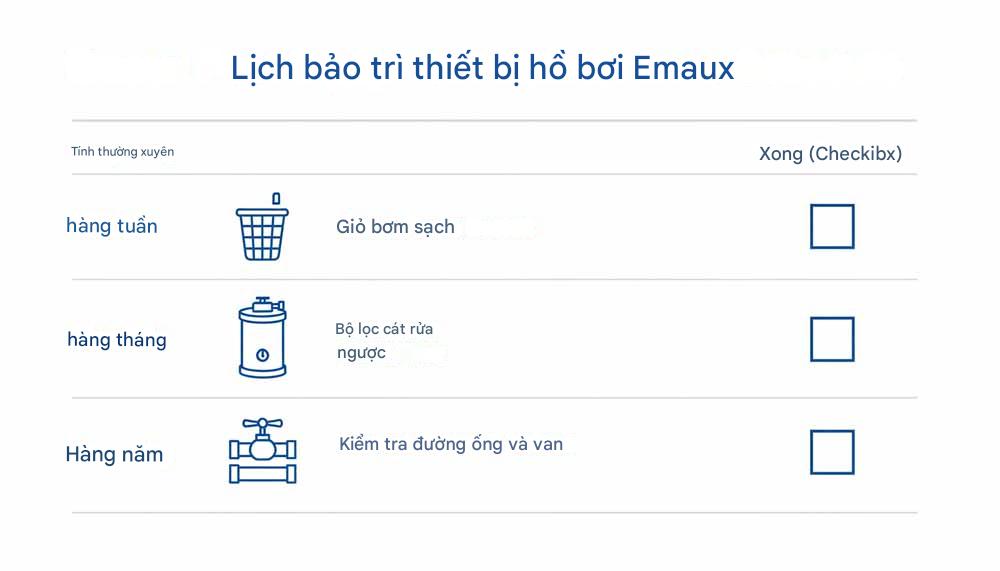 Danh sách kiểm tra bảo trì có thể in cho thiết bị hồ bơi Emaux