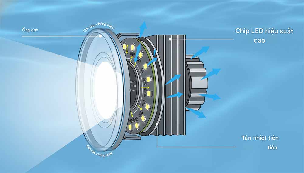 Hình ảnh mặt cắt của đèn hồ bơi LED Emaux