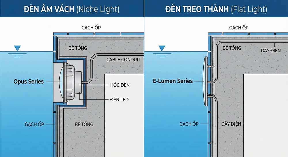 Cách Chọn Đèn Hồ Bơi Emaux Chuẩn Nhất: Từ E-Lumen Đến Opus 2 Hình trái Đèn Âm vách nằm lọt trong hốc bê tông. Hình phải Đèn Treo thành ốp nổi trên gạch