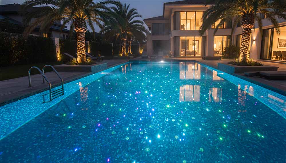Hình ảnh thực tế dự án: Hồ bơi lung linh vào buổi tối với đèn Emaux