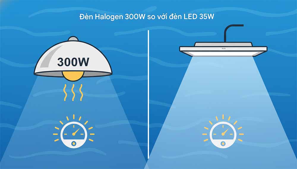 So sánh đèn hồ bơi Halogen truyền thống và đèn hồ bơi LED Emaux
