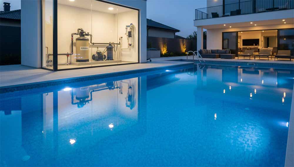 một hồ bơi hiện đại, sang trọng vào lúc chạng vạng, được trang bị đầy đủ sản phẩm Emaux