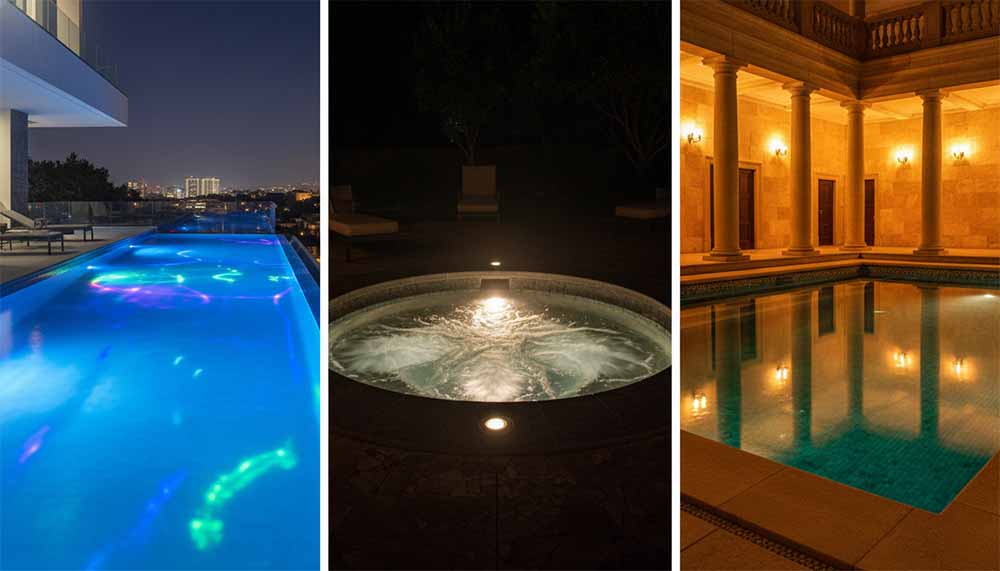 Ba hồ bơi khác nhau vào ban đêm, mỗi hồ được chiếu sáng bởi một loại đèn Emaux khác nhau