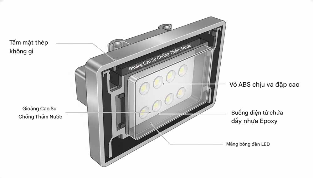 Sơ đồ mặt cắt chi tiết của đèn hồ bơi LED Emaux