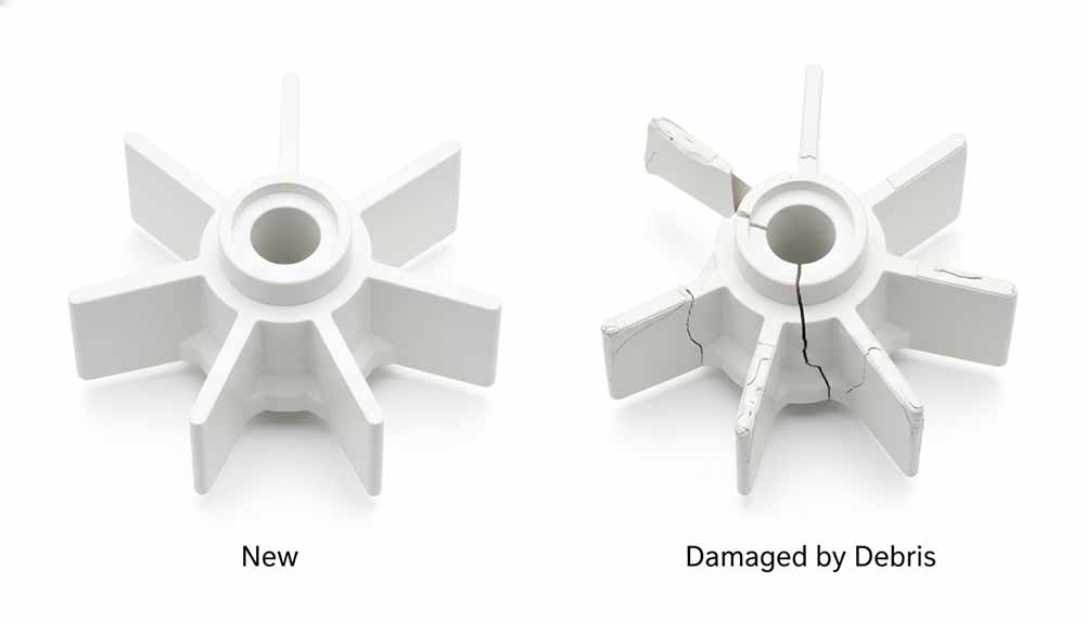 Giải Đáp Thắc Mắc: Máy Bơm Hồ Bơi Có Thể Tự Hút Rác Thải Không? 3 So sánh cạnh nhau giữa cánh quạt máy bơm hồ bơi mới, nguyên vẹn và cánh quạt bị hỏng