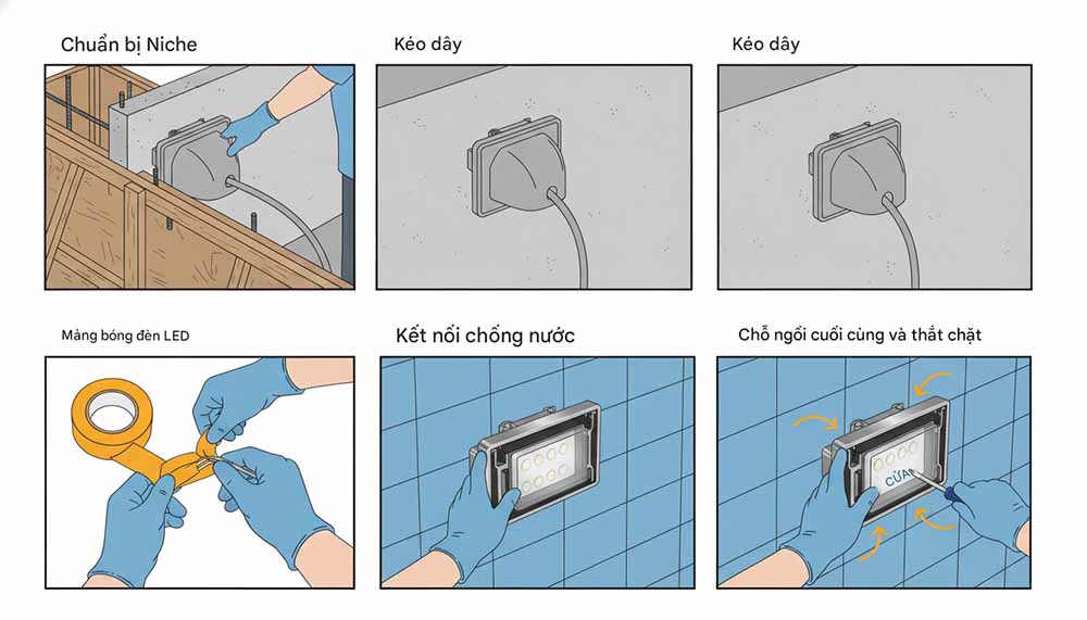 từng bước hướng dẫn quy trình lắp đặt đèn hồ bơi dưới nước đúng cách