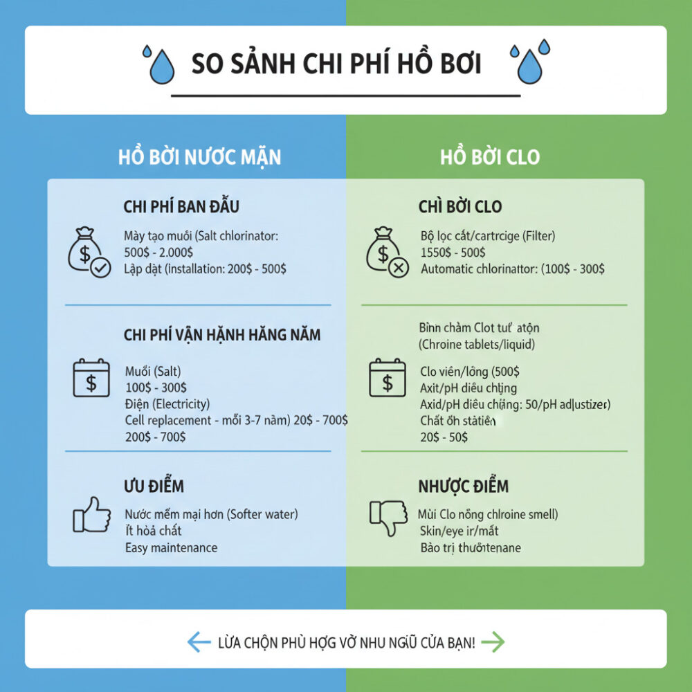 Bảng so sánh chi phí hồ bơi nước mặn và hồ bơi clo truyền thống