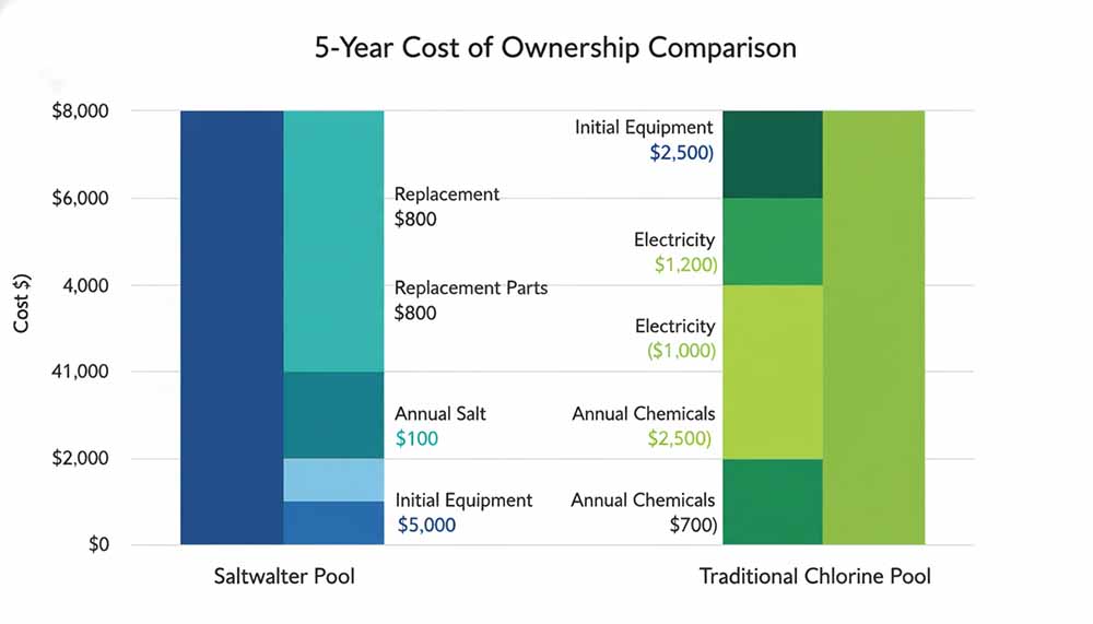 Sự Thật Gây Sốc: Hồ Bơi Nước Mặn Vẫn Đầy Clo. Vậy Đâu Là Khác Biệt? 3 Biểu đồ thanh so sánh tổng chi phí sở hữu 5 năm của một hồ bơi nước mặn với một hồ bơi clo truyền thống