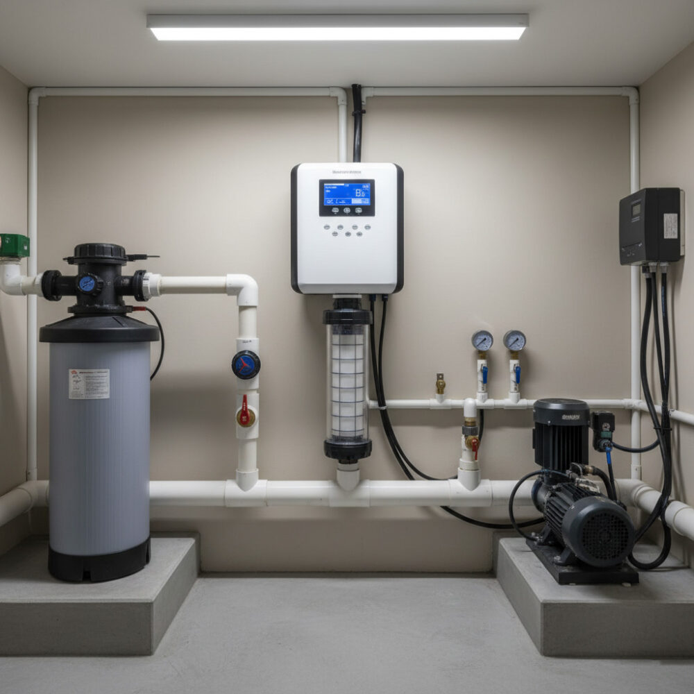 Máy điện phân muối lắp đặt trong phòng máy hồ bơi