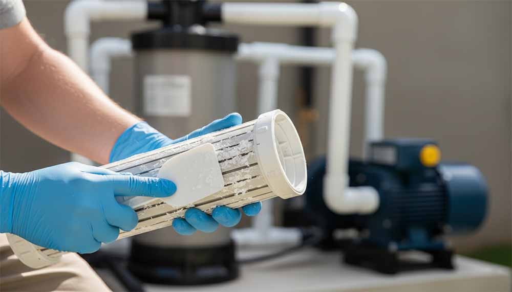 Sự Thật Gây Sốc: Hồ Bơi Nước Mặn Vẫn Đầy Clo. Vậy Đâu Là Khác Biệt? 4 kỹ thuật viên đang vệ sinh bình chứa muối clo tại một hồ bơi dân dụng