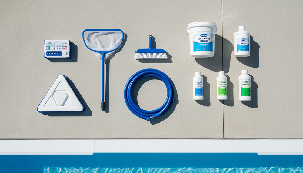 Một bộ dụng cụ và hóa chất bảo dưỡng hồ bơi