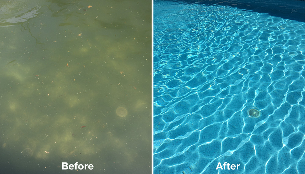 So sánh cạnh nhau của một hồ bơi trước và sau khi xử lý nước