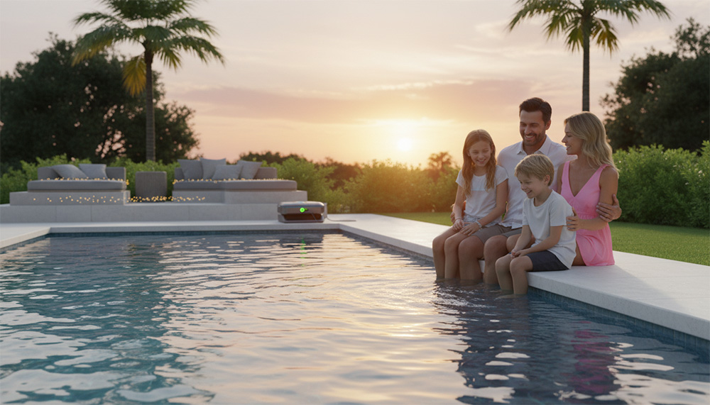 Một gia đình đang thư giãn bên hồ bơi sạch sẽ