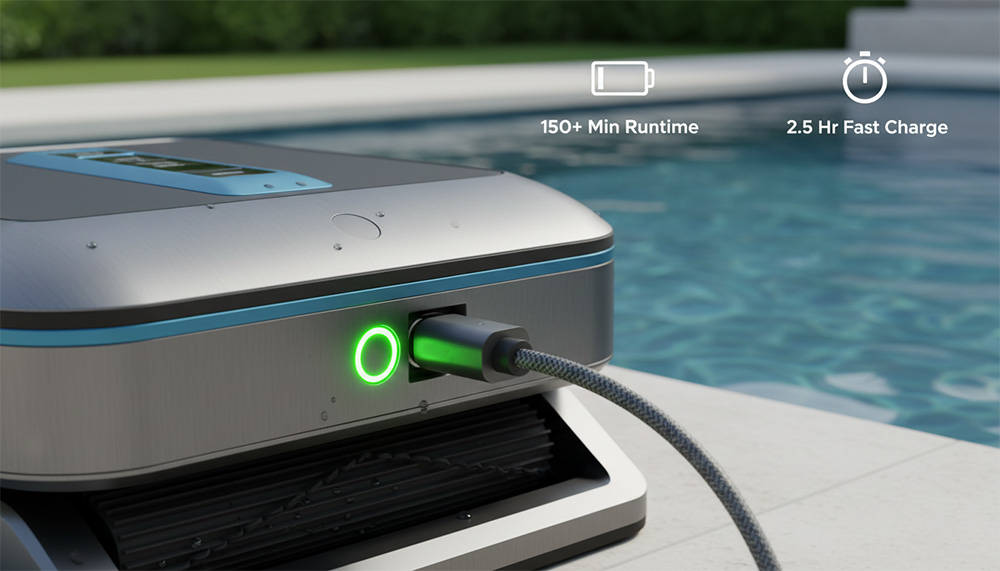Một robot vệ sinh hồ bơi không dây đang được sạc