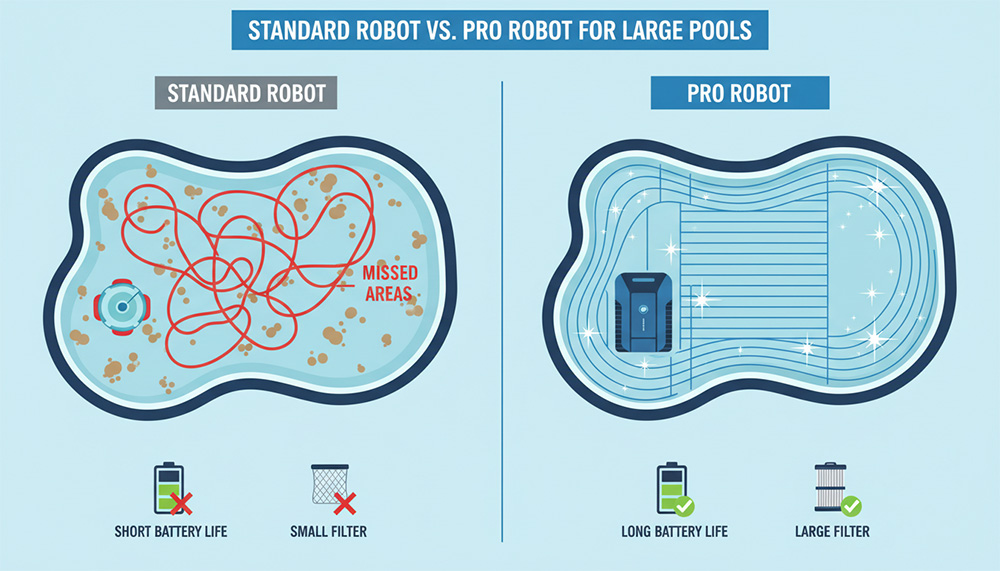 So sánh hiệu quả làm sạch của robot vệ sinh hồ bơi thông thường và robot chuyên dụng trong một hồ bơi lớn.