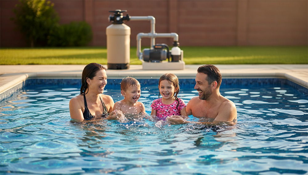 Một gia đình hạnh phúc (cha mẹ và hai con) đang tận hưởng hồ bơi sân sau sạch bong kin kít