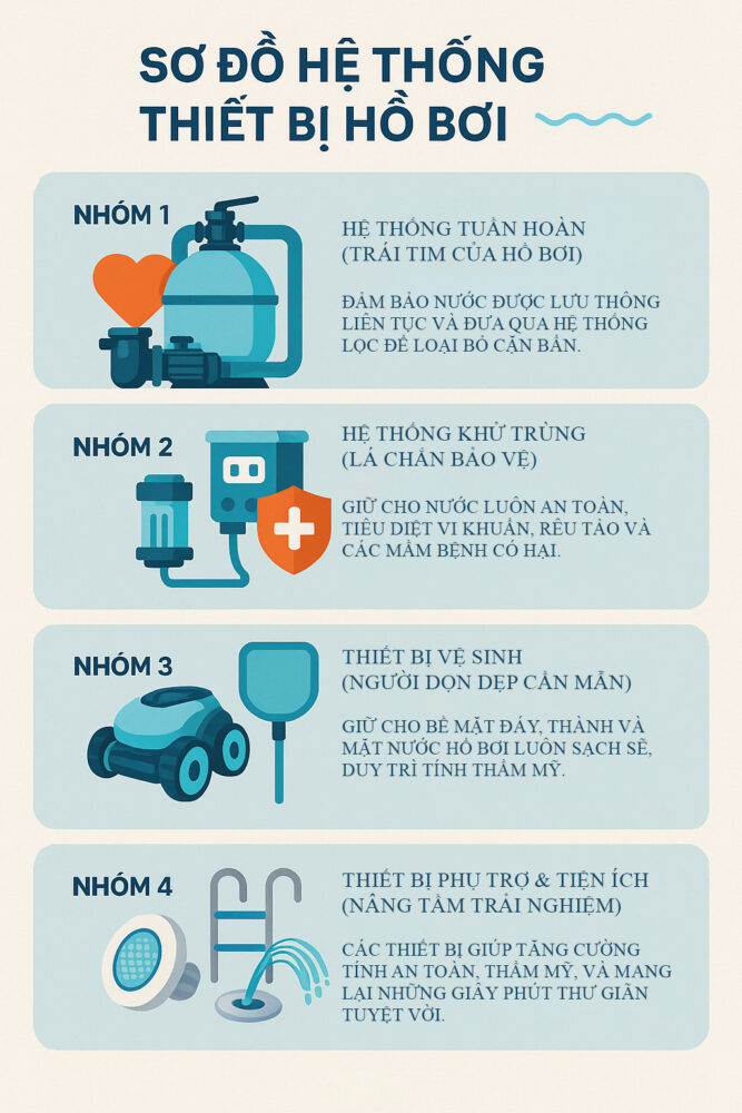 Trọn Bộ Thiết Bị Hồ Bơi Từ A-Z: Hướng Dẫn Chọn Mua Cho Từng Loại Công Trình 1 Infographic sơ đồ hệ thống thiết bị hồ bơi