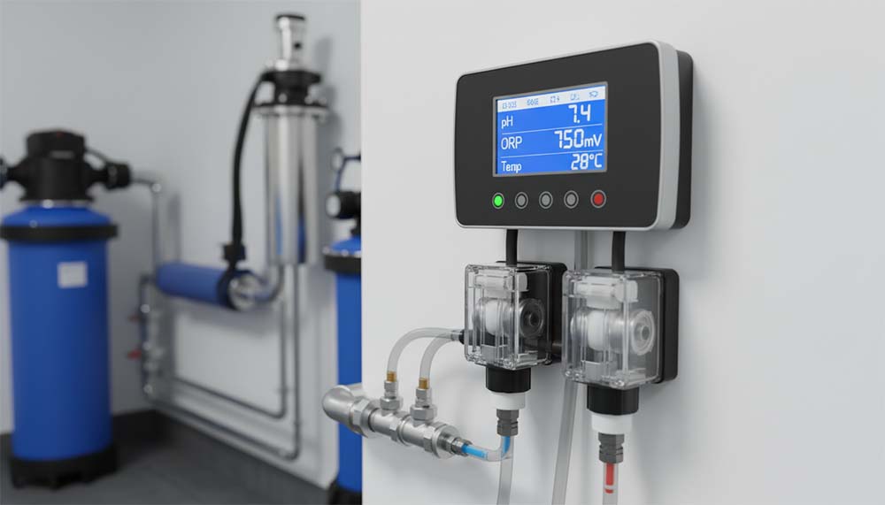 Một bảng điều khiển hồ bơi hiện đại, chuyên nghiệp được gắn trên tường trong phòng bơm sạch