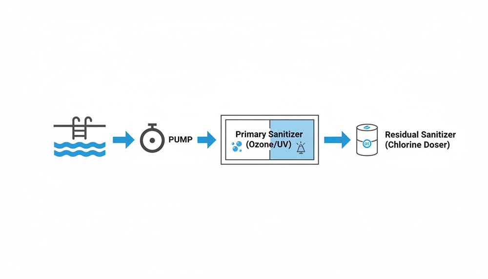 Sơ đồ minh họa hệ thống vệ sinh kết hợp OzonUV và Clo cho một hồ bơi lớn