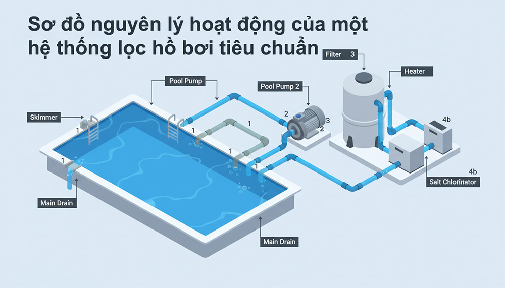 Kinh Nghiệm Chọn Mua Thiết Bị Hồ Bơi Từ A-Z 3 Sơ đồ nguyên lý hoạt động của một hệ thống lọc hồ bơi tiêu chuẩn