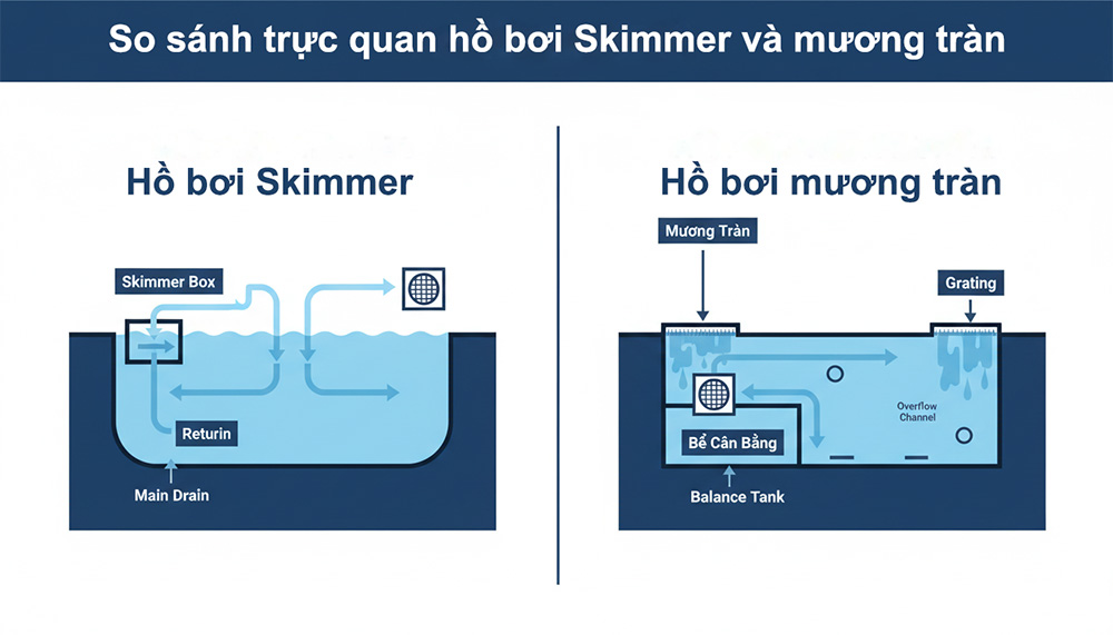 Kinh Nghiệm Chọn Mua Thiết Bị Hồ Bơi Từ A-Z 2 So sánh trực quan giữa hồ bơi Skimmer và hồ bơi mương tràn