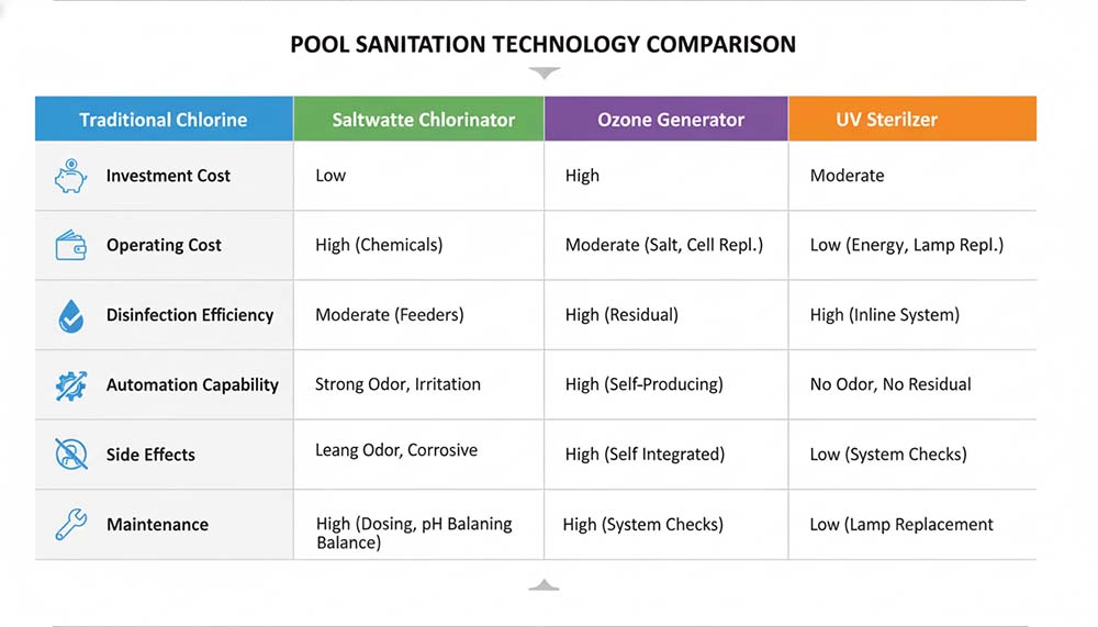 infographic so sánh chi tiết cho bốn công nghệ vệ sinh hồ bơi