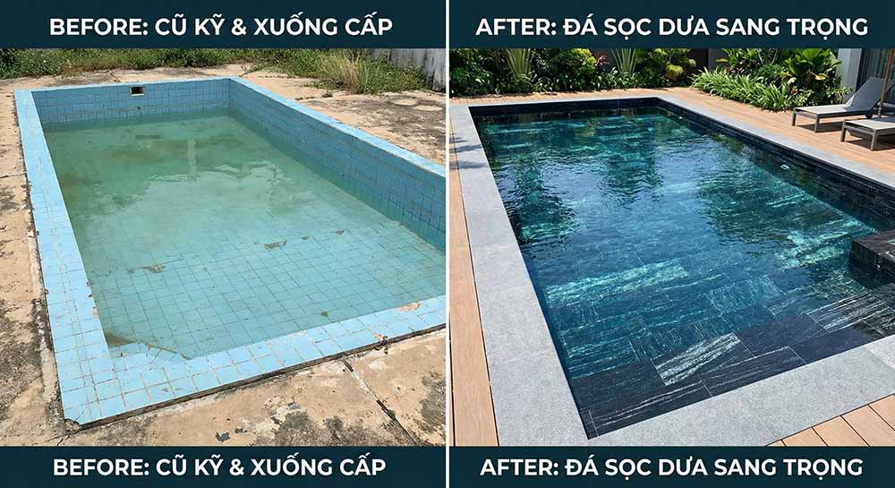 Bên trái: Hồ bơi cũ gạch men xanh nhạt, cũ kỹ. Bên phải: Hồ bơi sau cải tạo ốp đá sọc dưa đen tuyền sang trọng, nước trong vắt