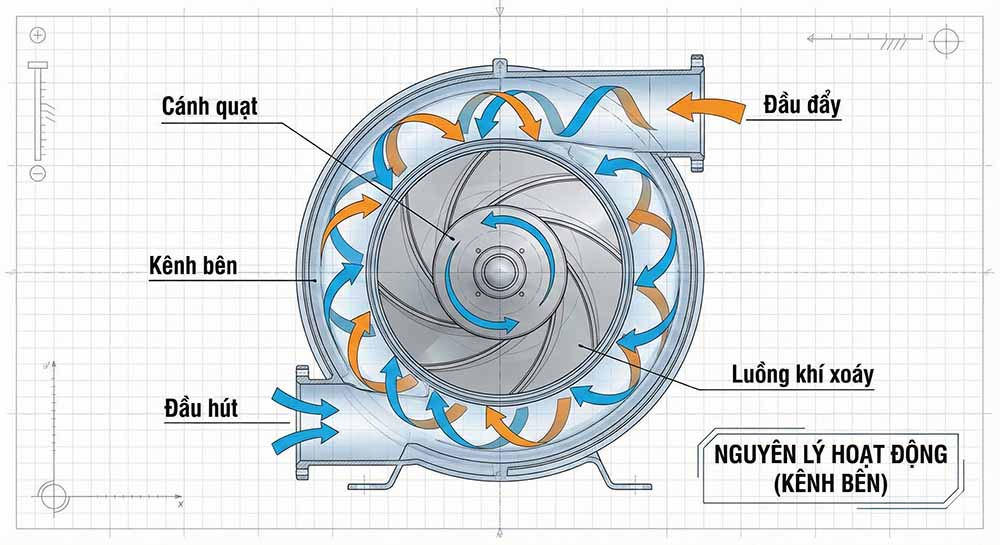 Biểu đồ nguyên lý hoạt động (Diagram) mô tả luồng khí xoáy trong kênh bên