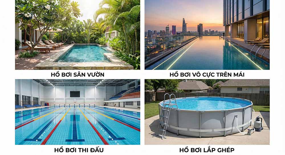Collage (Ảnh ghép) so sánh trực quan 4 loại hồ bơi phổ biến