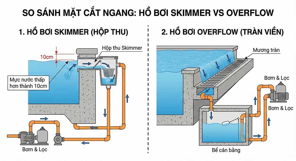 Infographic so sánh mặt cắt ngang (Cross-section) giữa Hồ bơi Skimmer và Hồ bơi Overflow