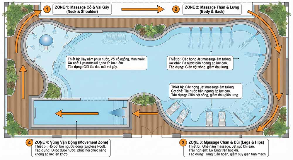 Sơ đồ mặt bằng kiến trúc hồ bơi hình chữ nhật, minh họa luồng di chuyển 4 khu vực (Zone 1-4) theo chiều kim đồng hồ từ lối vào đến lối ra.
