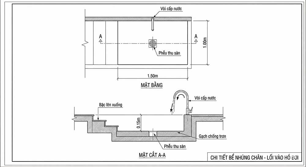 Chi tiết bản vẽ bể nhúng chân tại lối vào, thể hiện độ sâu 0.15m và vị trí vòi cấp nước.