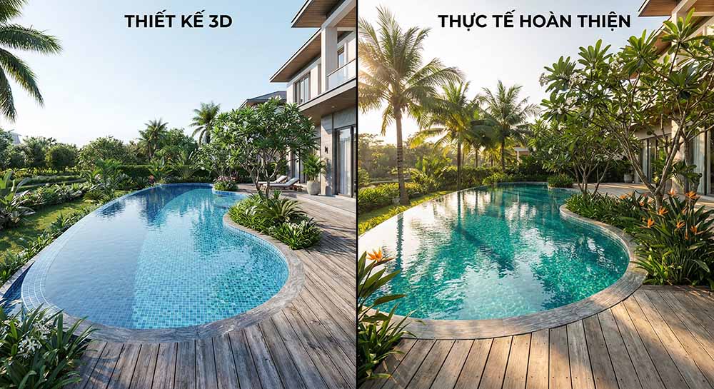 ình ảnh so sánh chia đôi màn hình giữa bản vẽ thiết kế 3D và ảnh thực tế hoàn thiện của hồ bơi uốn lượn cao cấp tại biệt thự Thảo Điền, TP.HCM