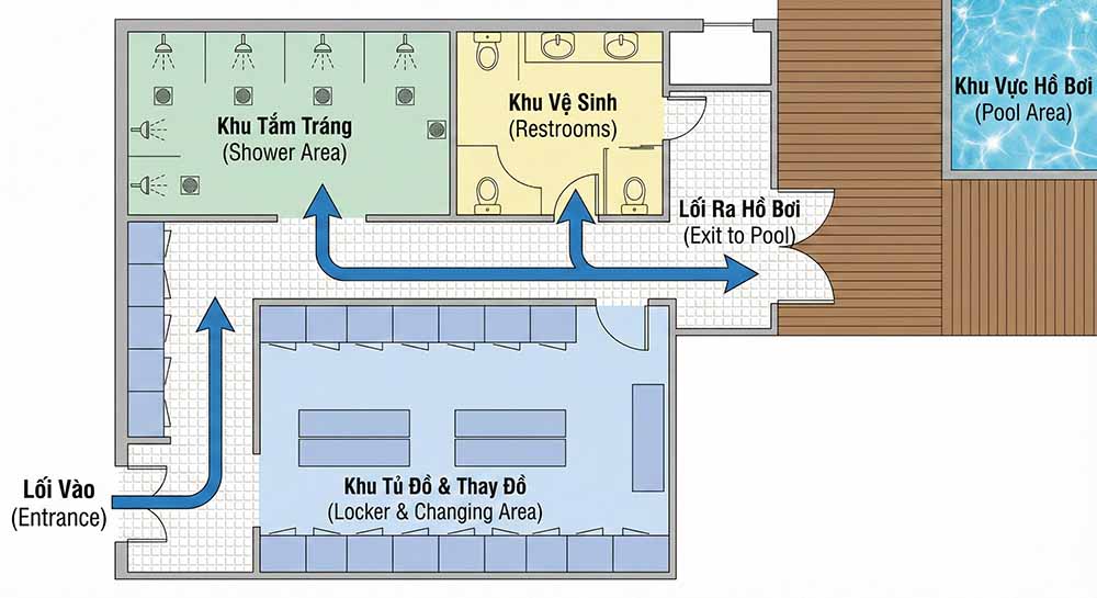 Sơ đồ mặt bằng bố trí công năng (Layout) khu vực phụ trợ, mũi tên chỉ hướng đi một chiều từ Locker ra hồ bơi.