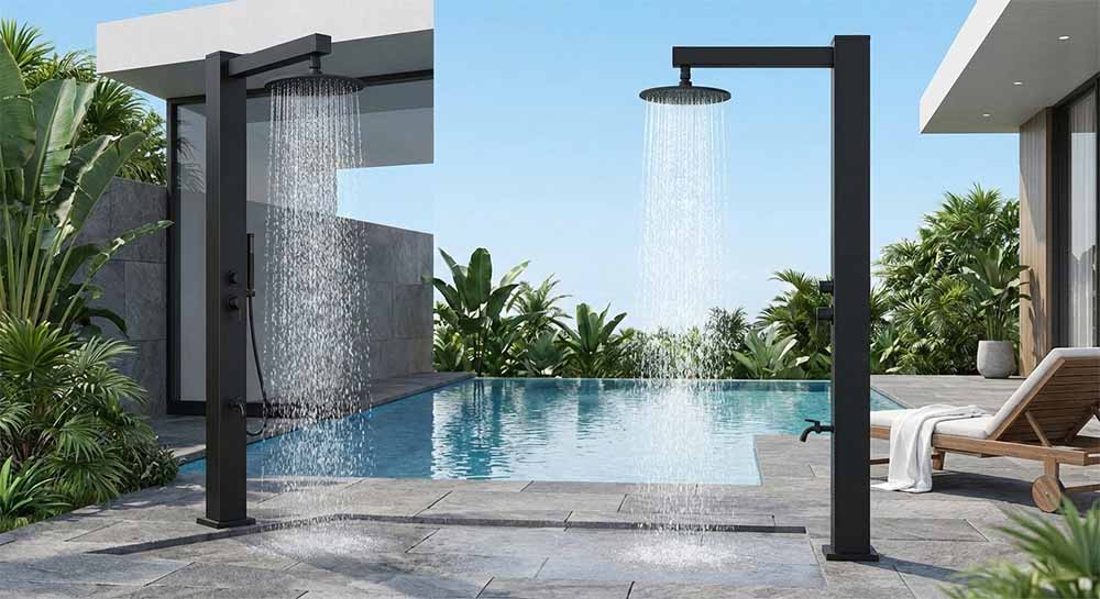 Phụ Kiện Ngoại Thất: Bạt Phủ Hồ Bơi Tự Động & Ghế Tắm Nắng 3 Cây tắm tráng màu đen dáng đứng hiện đại đặt cạnh hồ bơi, có vòi sen phun mưa