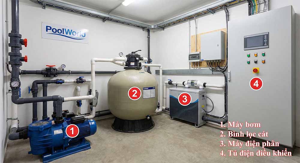 Hệ thống phòng máy đạt chuẩn - "Trái tim" vận hành của hồ bơi.