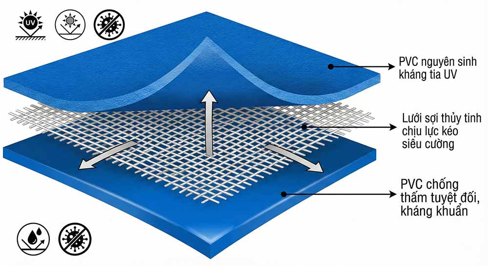 Hình ảnh đồ họa mặt cắt ngang (Cross-section) của tấm bạt với 3 lớp rõ rệt
