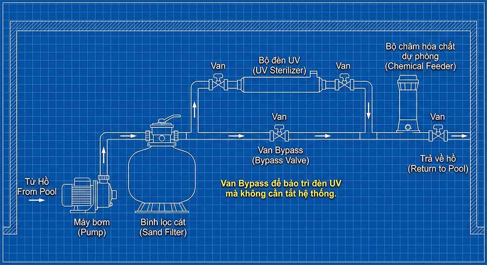 Sơ đồ lắp đặt đèn UV trên hệ thống đường ống kỹ thuật