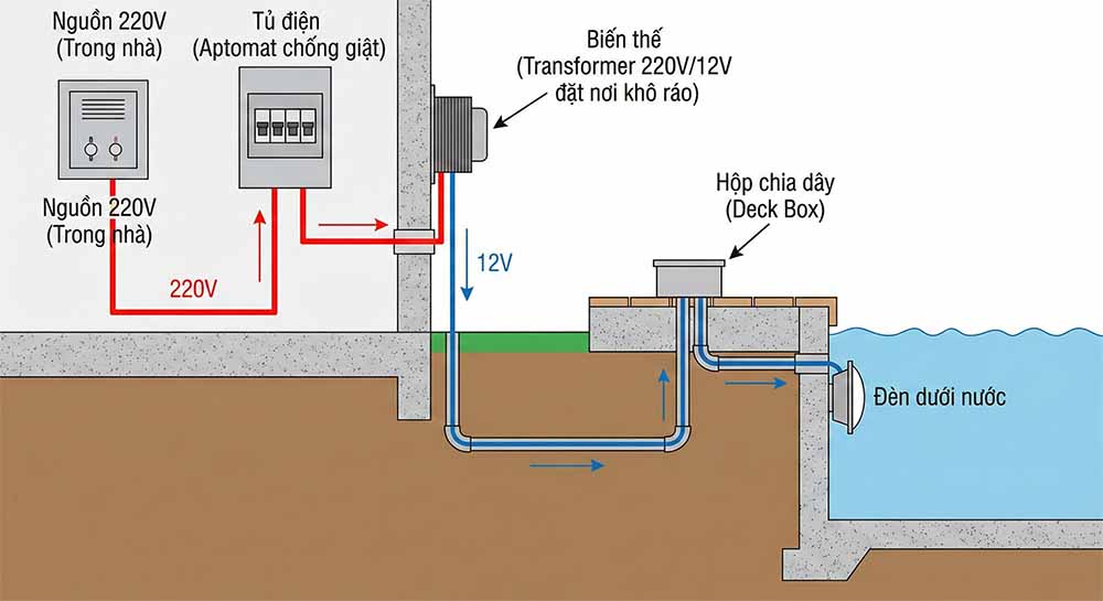 Sơ đồ nguyên lý cấp điện 12V an toàn. Lưu ý hộp chia dây phải đặt cao hơn mực nước hồ để tránh nước tràn ngược theo đường ống.