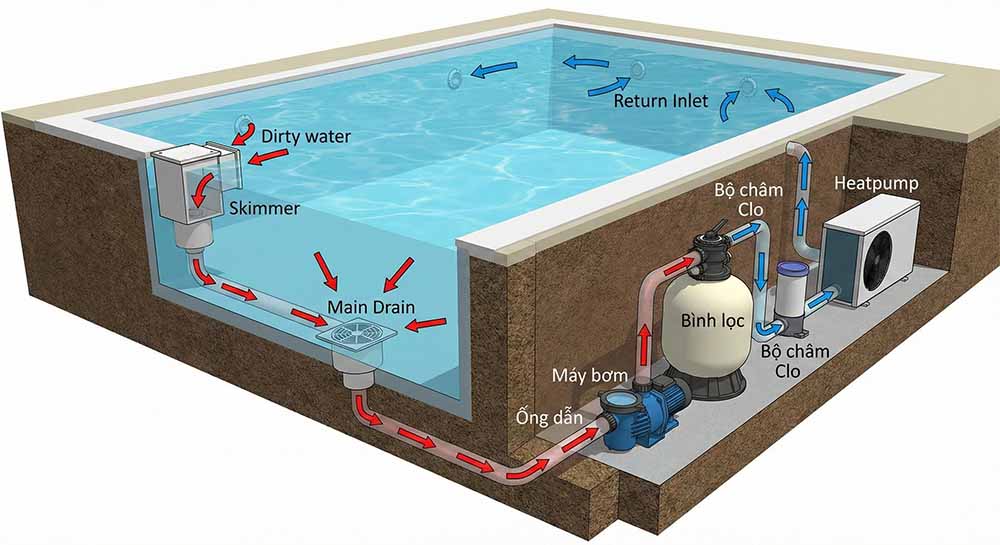Sơ đồ vị trí lắp đặt thiết bị trong hệ thống tuần hoàn nước hồ bơi.